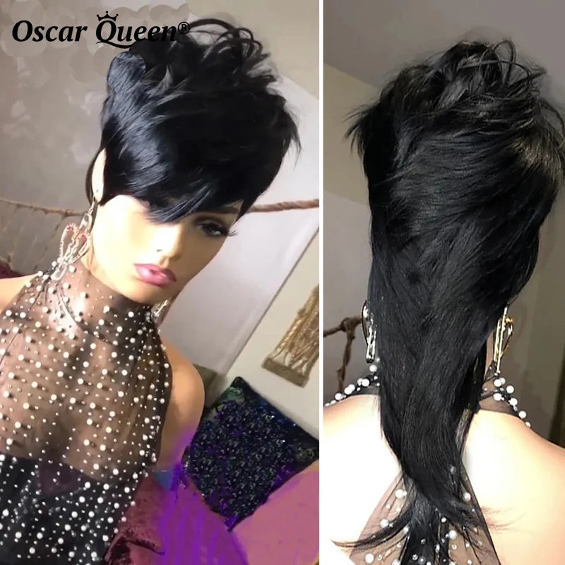 100% Human Hair Mullet Cut Straight Wig With Bangs