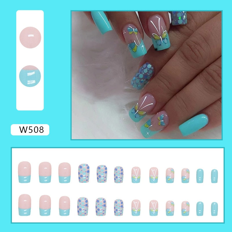 Summer Nail Art Square Full Cover Press on Nails 24Pcs| |