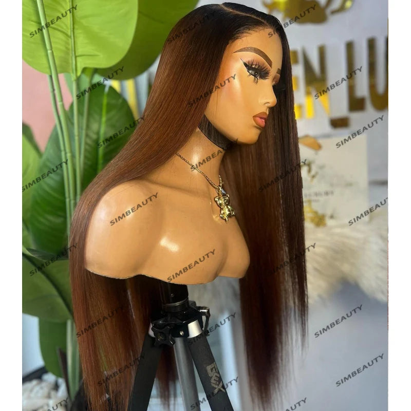 Ombre Dark Roots Silky Straight Red Copper Brown Human Hair Glue less Pre Plucked Lace Frontal Wigs