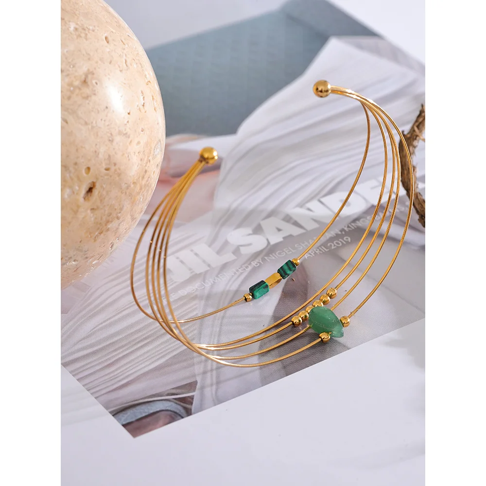 Yhpup 2023 Stainless Steel Green Agent Stone Multi-Layer Thin Circle Cuff Bracelet