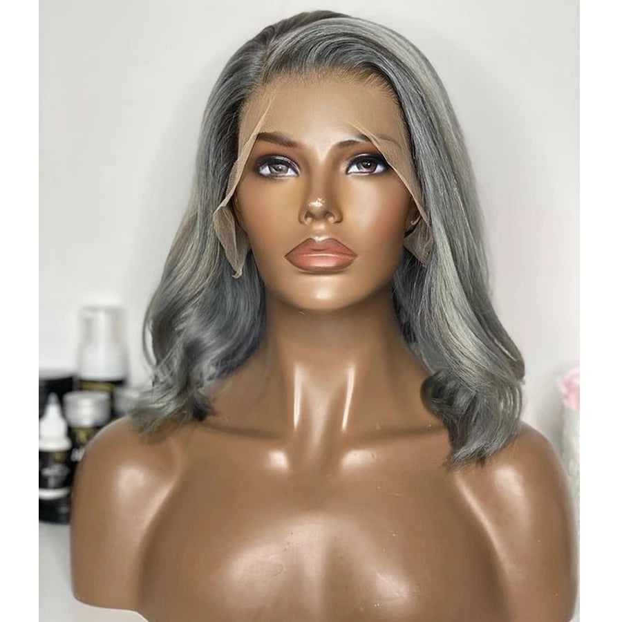 Grey Platinum Short Bob Lace Front Human Hair Wigs Glueless Side Part Wavy