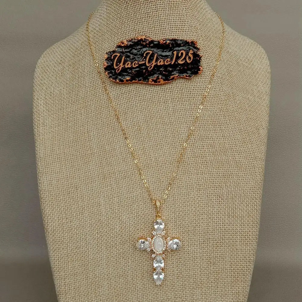 17.5" Shell pearl Cubic Zirconia micro pave Necklace Virgin Mary Cross Pendant