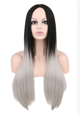 Wig 68cm long ladies straight hair black gray gradient color synthetic wig - your-beauty-matters