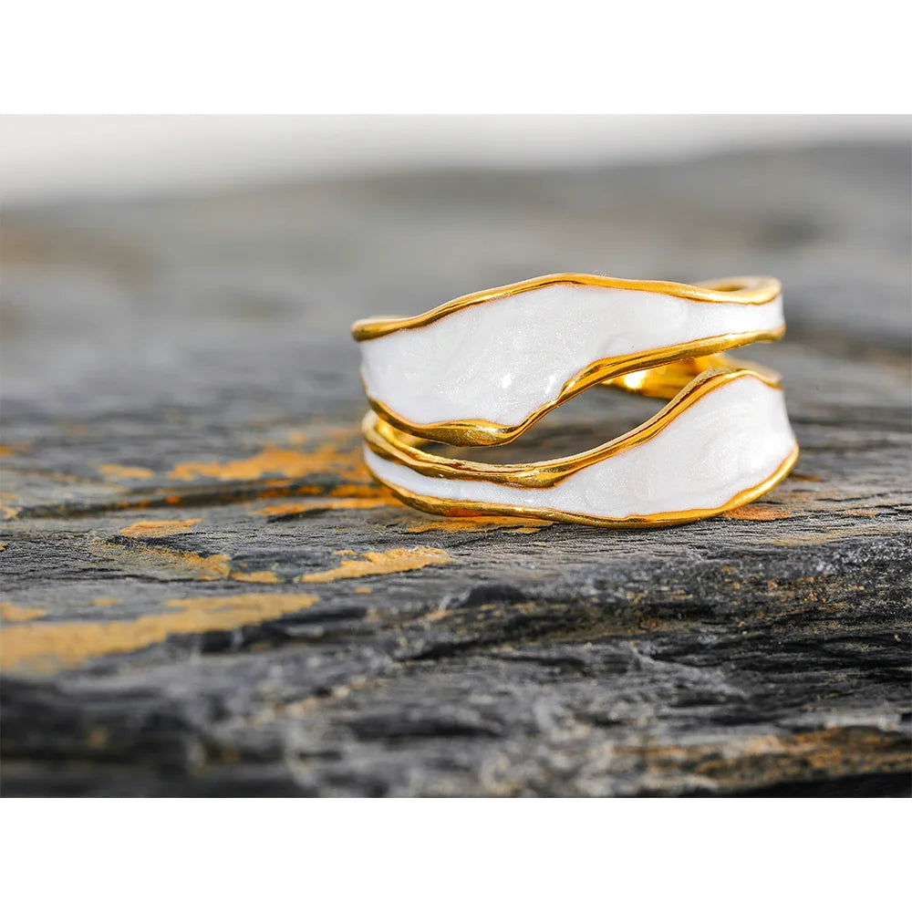 Yhpup Fashion White Enamel Creative Irregular 316 Stainless Steel Open Ring