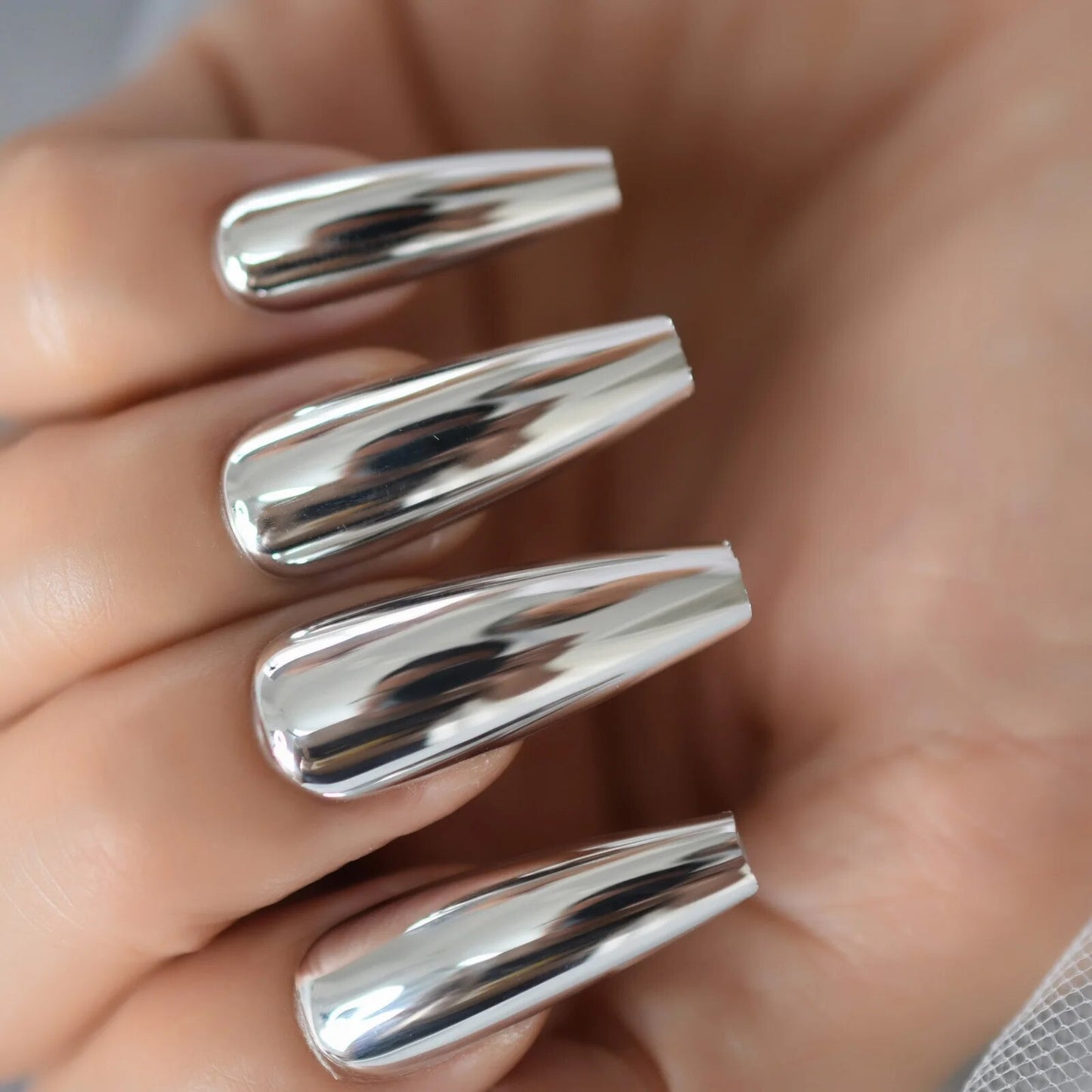 Coffin Long Ballet Metallic Mirror False Nails