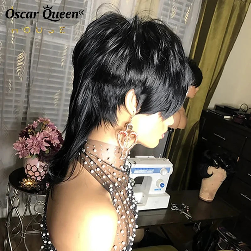 100% Human Hair Mullet Cut Straight Wig With Bangs