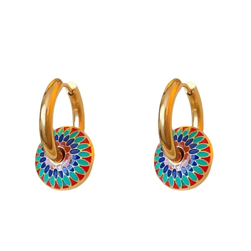 316l Stainless Steel Non-Fading Vintage Painted Flower Pattern Necklace Earrings Set
