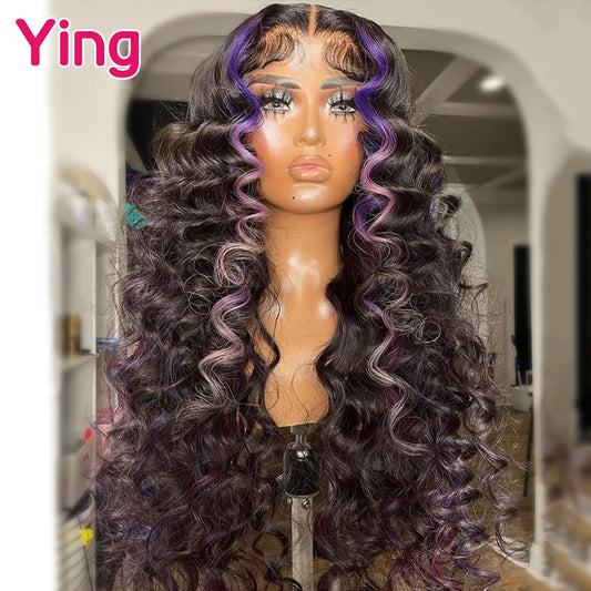 Ying Curly Lace Frontal Wig Highlight Purple  Loose Deep Wave Human Hair Wigs