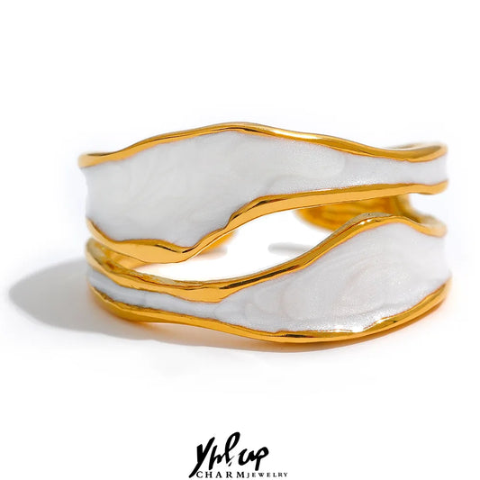 Yhpup Fashion White Enamel Creative Irregular 316 Stainless Steel Open Ring