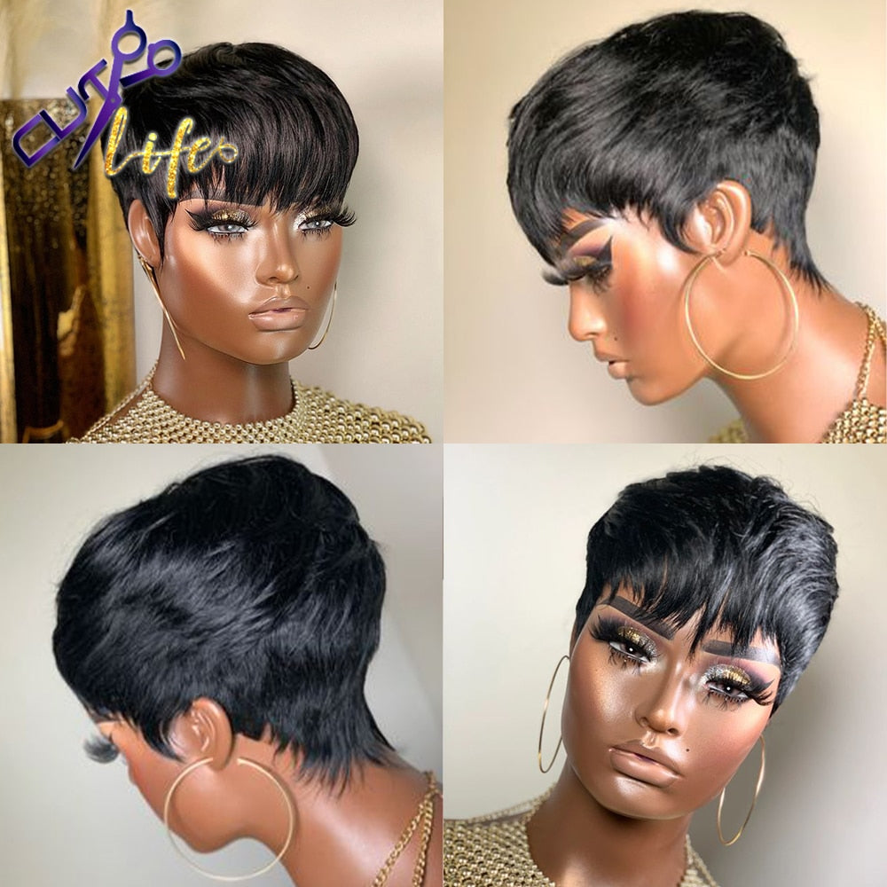 Short Pixie Cut and Mullet Wigs Full Machine Made Wig With Bangs