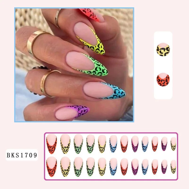 24pcs Long Almond False Nails Green Wave Leopard Print
