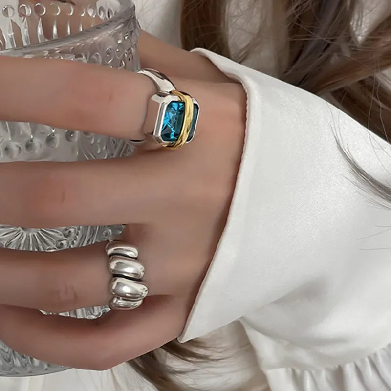 Foxanry Blue Zircons Vintage Handmade Irregular Geometric Rings