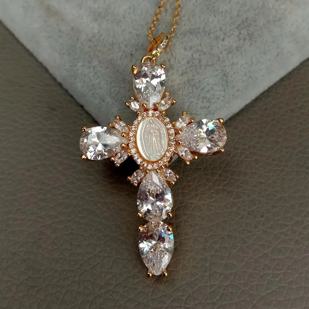 17.5" Shell pearl Cubic Zirconia micro pave Necklace Virgin Mary Cross Pendant