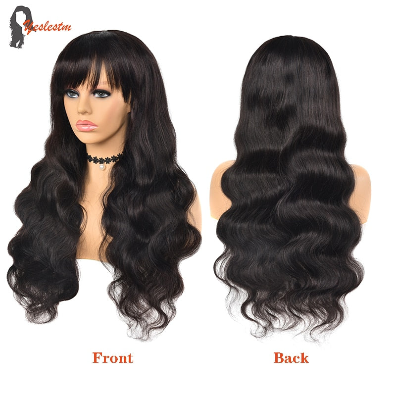 Body Wave Human Hair Wigs With Bangs with Remy Brazilian Human Hair