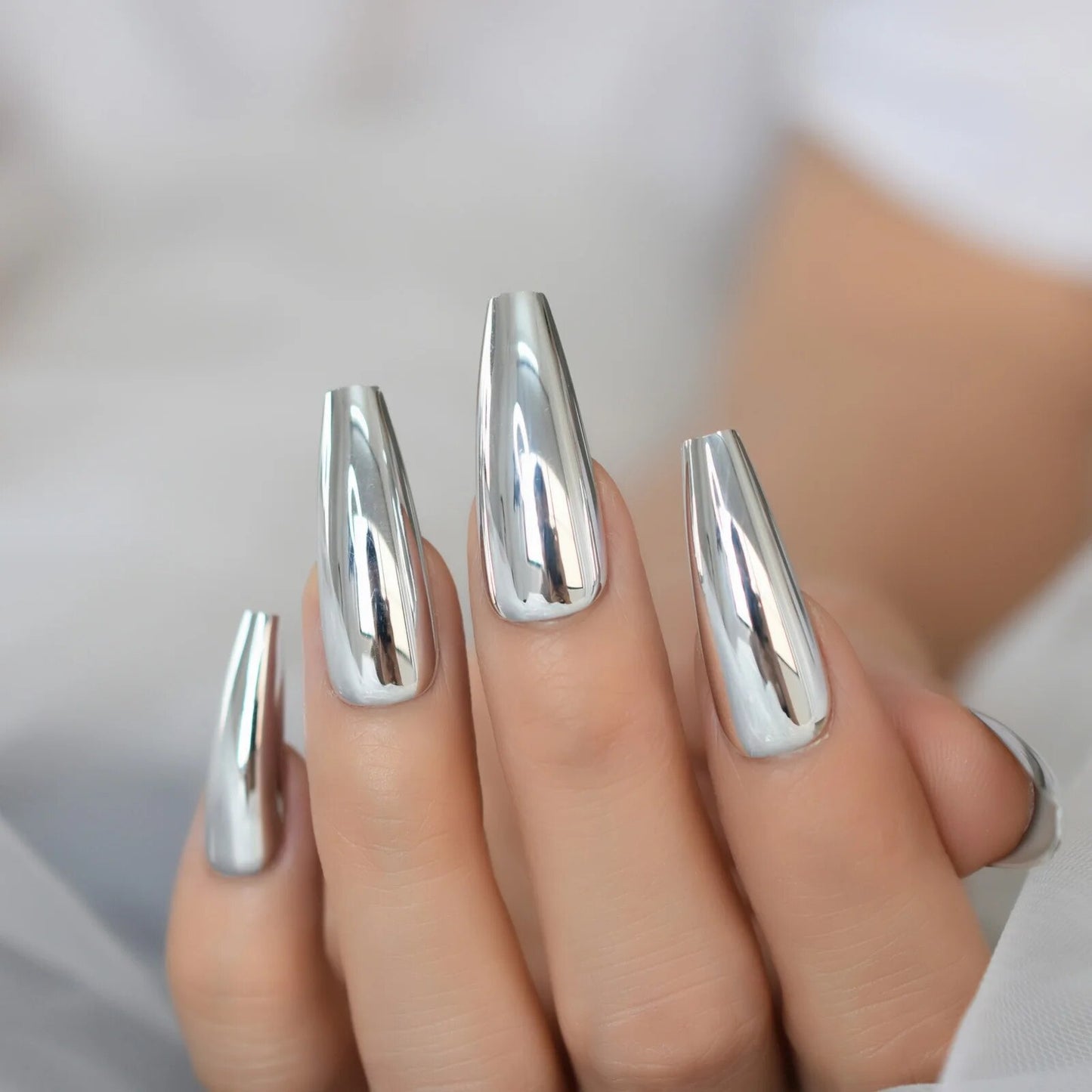 Coffin Long Ballet Metallic Mirror False Nails