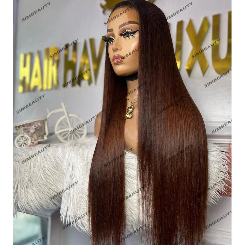 Ombre Dark Roots Silky Straight Red Copper Brown Human Hair Glue less Pre Plucked Lace Frontal Wigs
