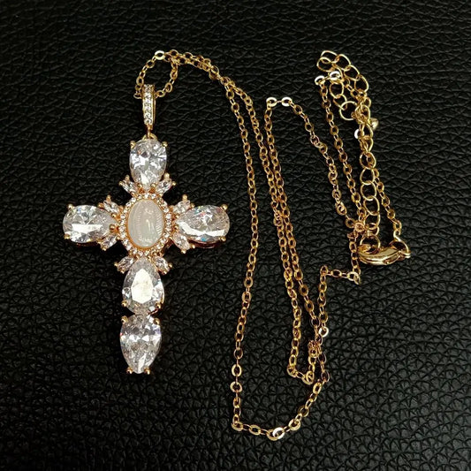 17.5" Shell pearl Cubic Zirconia micro pave Necklace Virgin Mary Cross Pendant