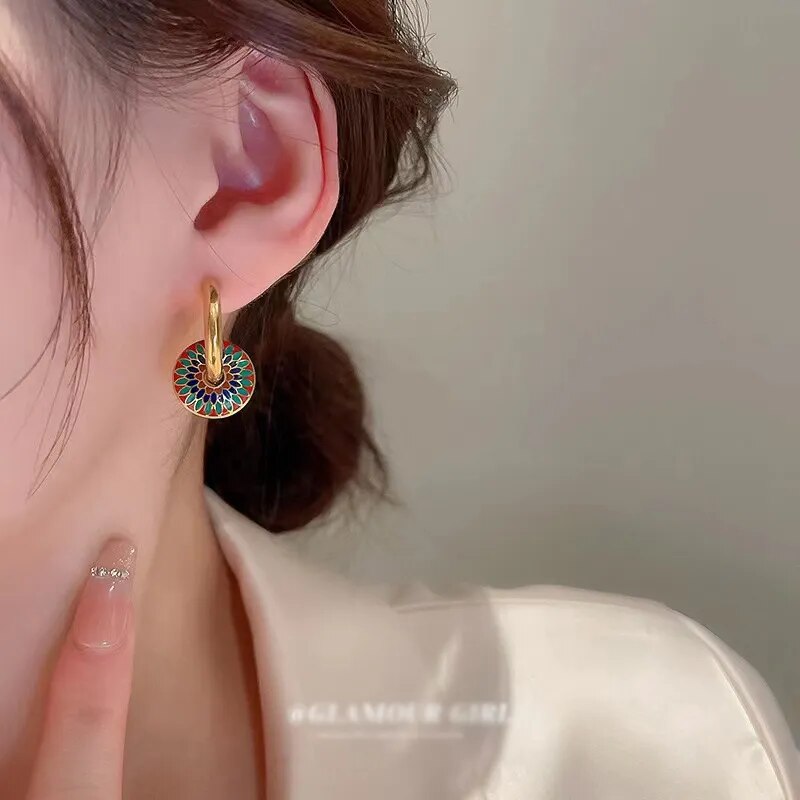 316l Stainless Steel Non-Fading Vintage Painted Flower Pattern Necklace Earrings Set