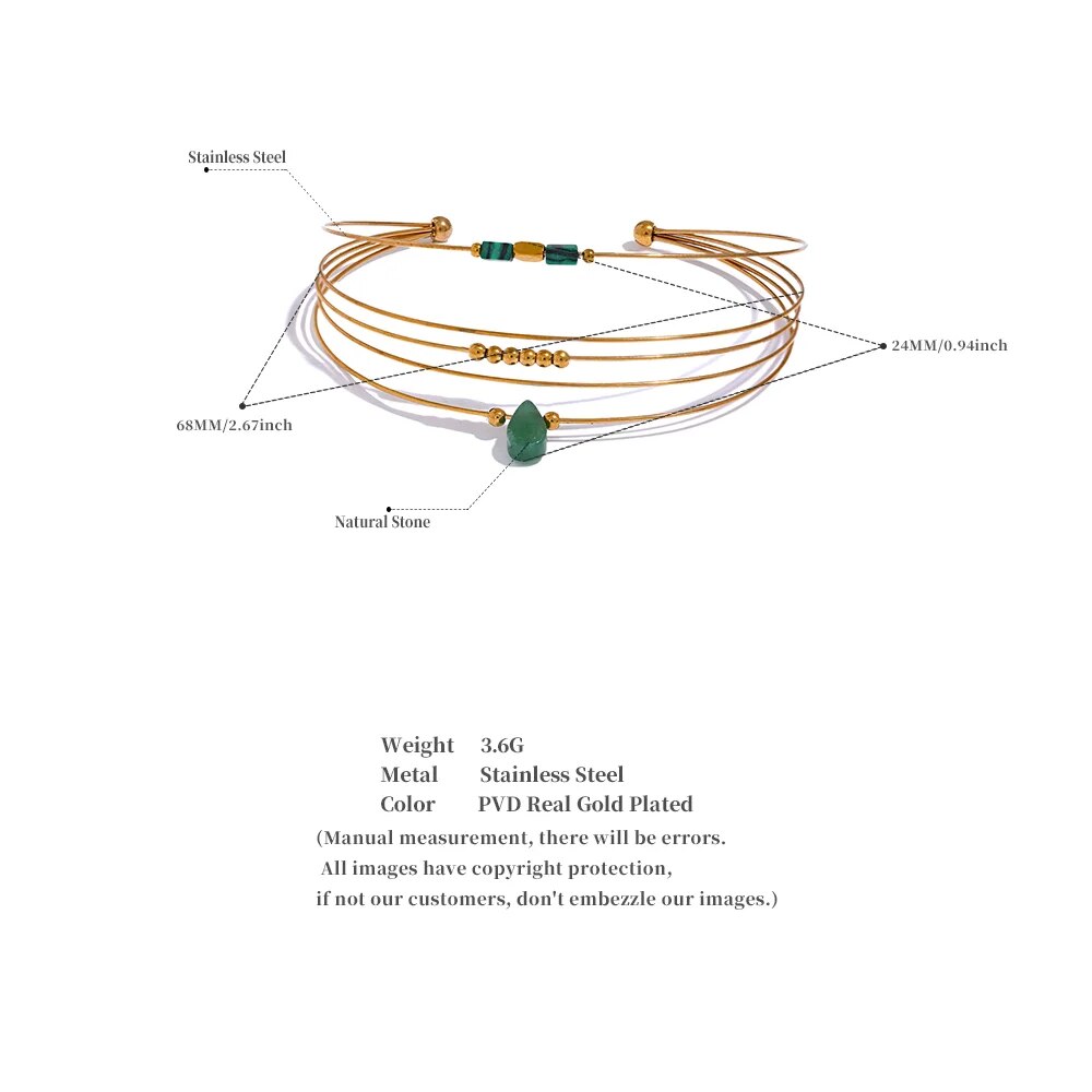 Yhpup 2023 Stainless Steel Green Agent Stone Multi-Layer Thin Circle Cuff Bracelet