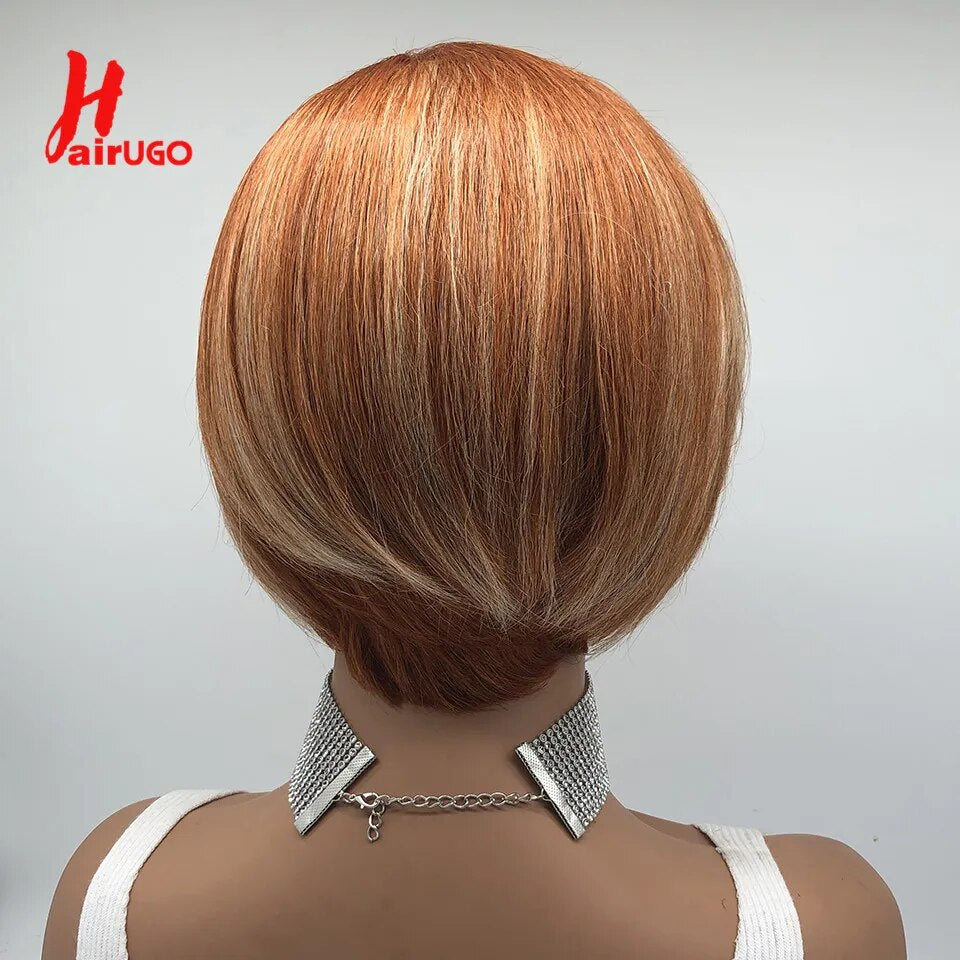 HairUGo Highlight Orange Short Pixie Cut Part Human Hair Lace Wigs