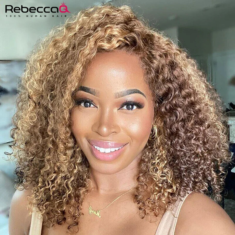 Highlight Short Curly Bob Wig 13x4x1 Lace Front Human Hair Wigs Pre Plucked P4/27 Colored