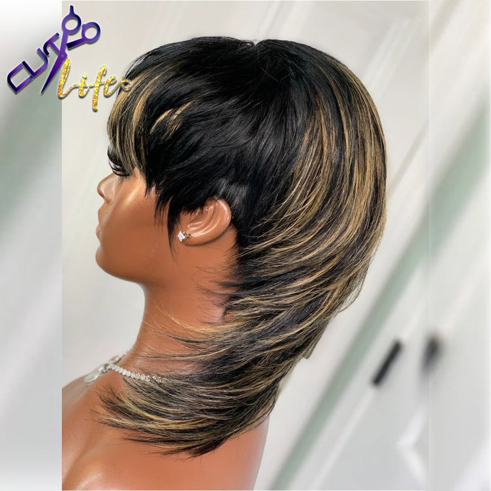 Short Pixie Cut and Mullet Wigs Full Machine Made Wig With Bangs