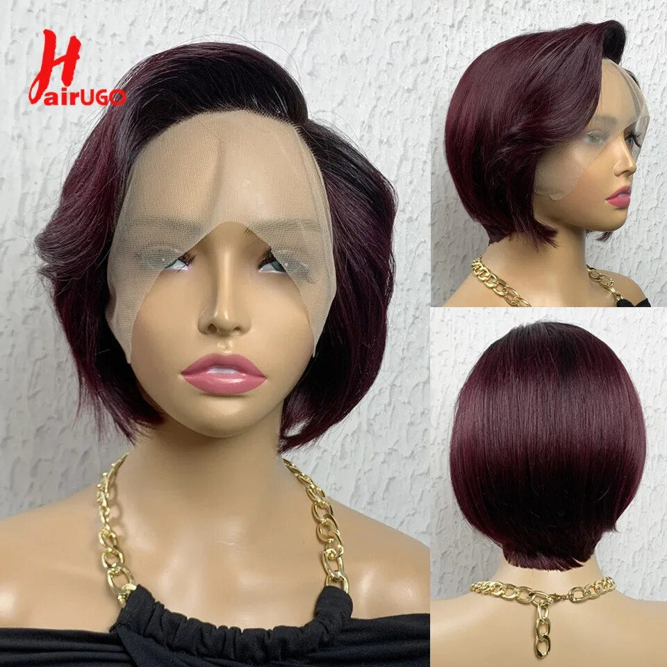 HairUGo Highlight Orange Short Pixie Cut Part Human Hair Lace Wigs