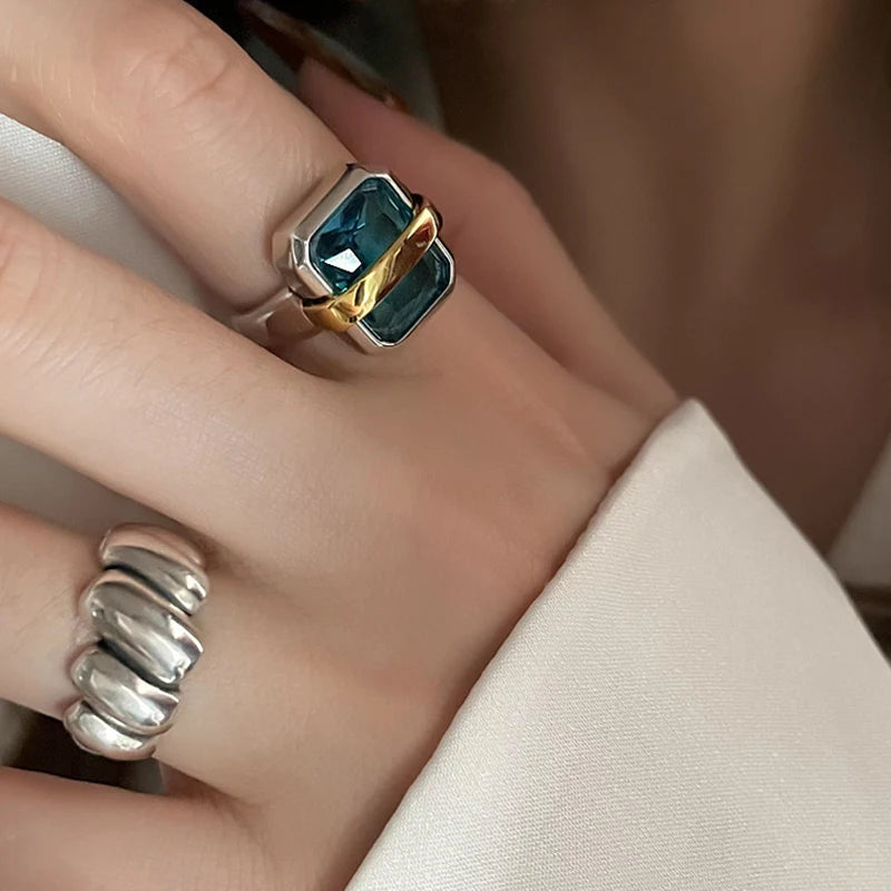 Foxanry Blue Zircons Vintage Handmade Irregular Geometric Rings