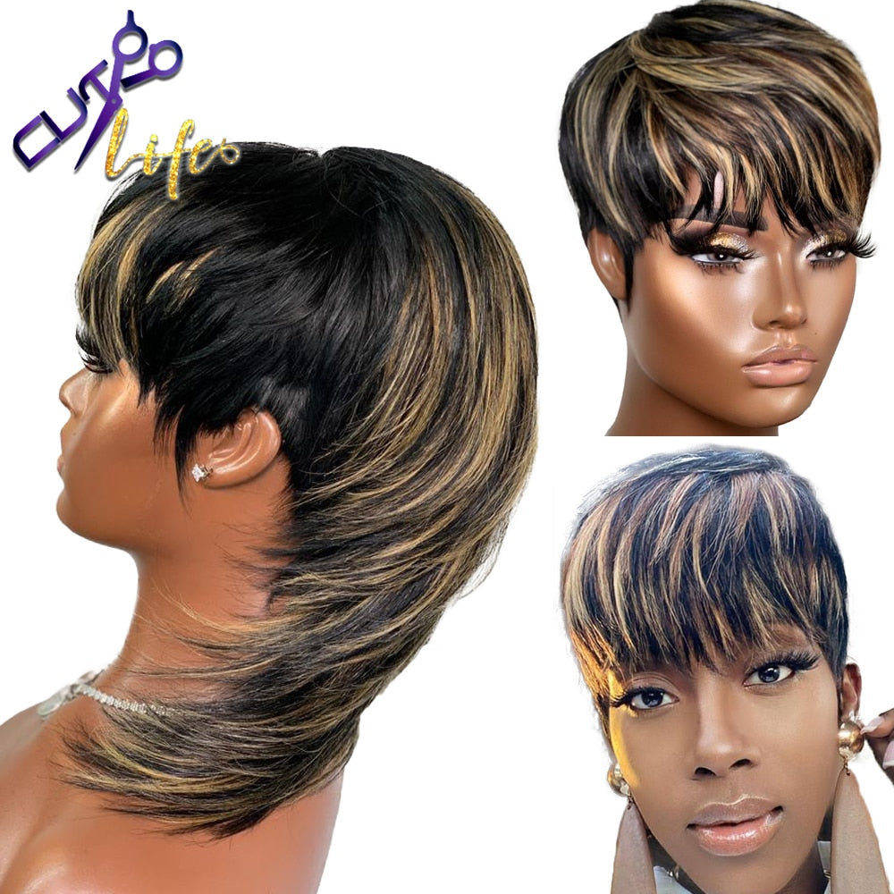 Short Pixie Cut and Mullet Wigs Full Machine Made Wig With Bangs
