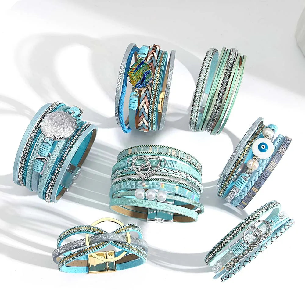 ALLYES Boho Blue Multilayer Braided Leather Bracelet