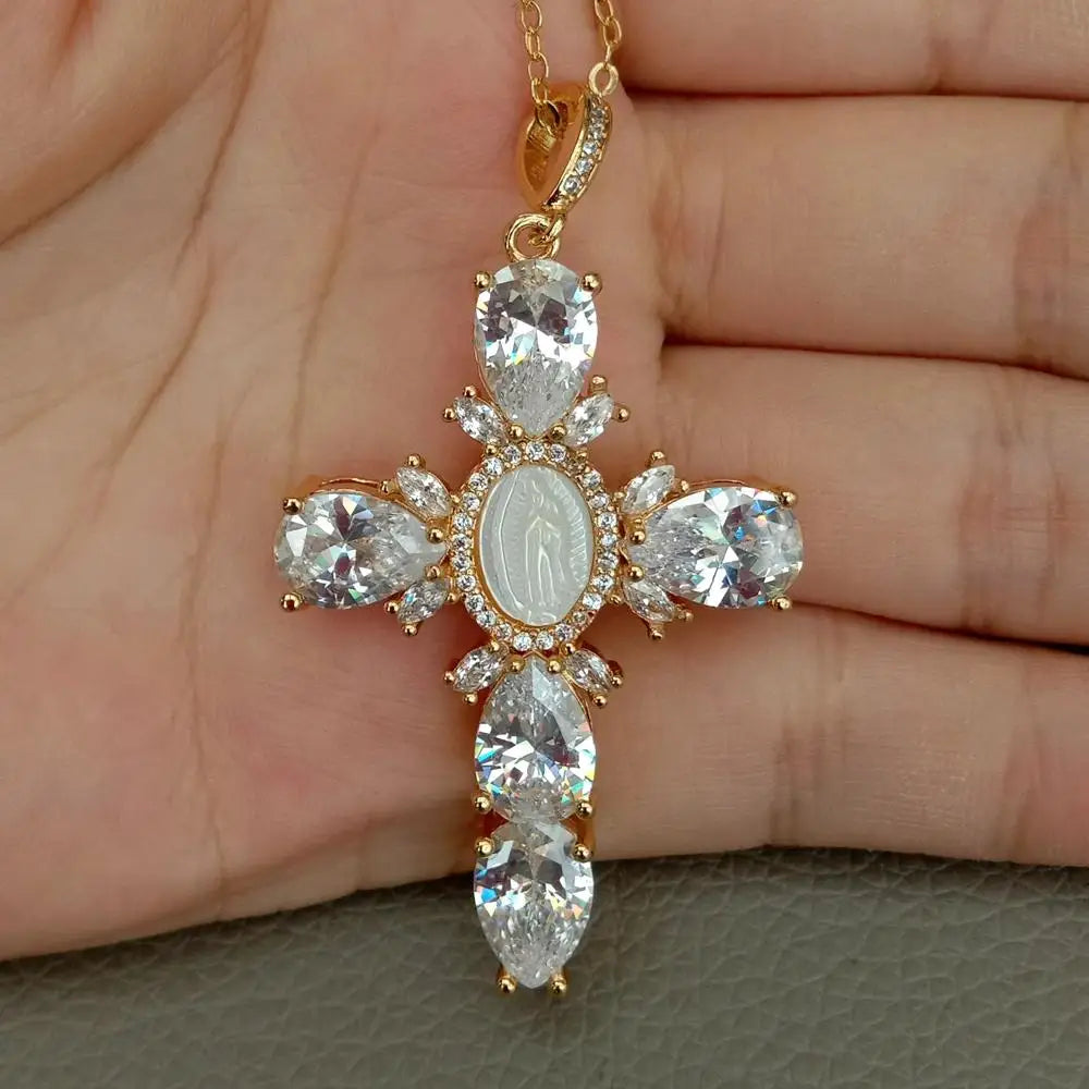 17.5" Shell pearl Cubic Zirconia micro pave Necklace Virgin Mary Cross Pendant