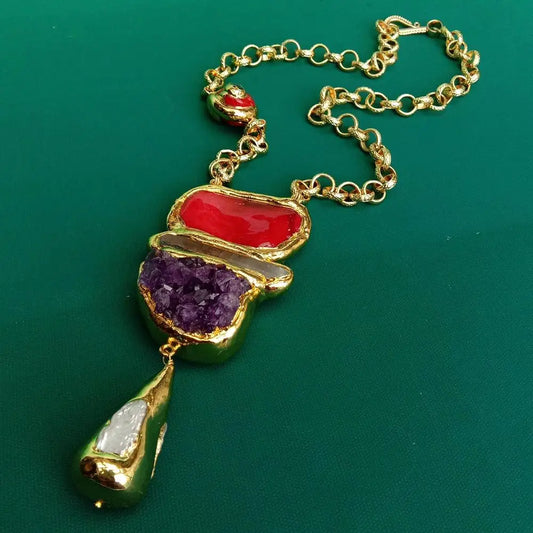 Y¡YING Red Coral Amethyst Druzy White Quartz Biwa Pearl Pendant Gold Plated Necklace