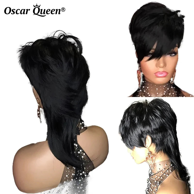 100% Human Hair Mullet Cut Straight Wig With Bangs