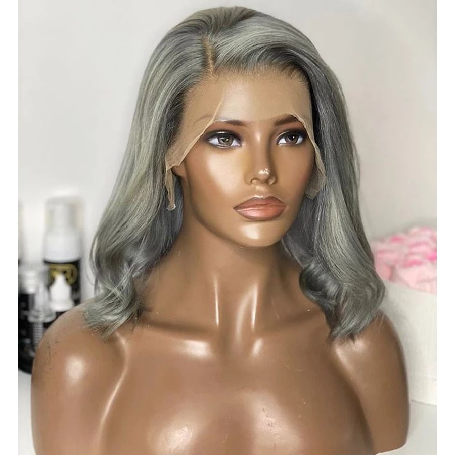 Grey Platinum Short Bob Lace Front Human Hair Wigs Glueless Side Part Wavy