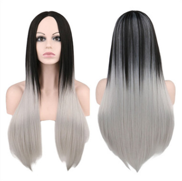Wig 68cm long ladies straight hair black gray gradient color synthetic wig - your-beauty-matters