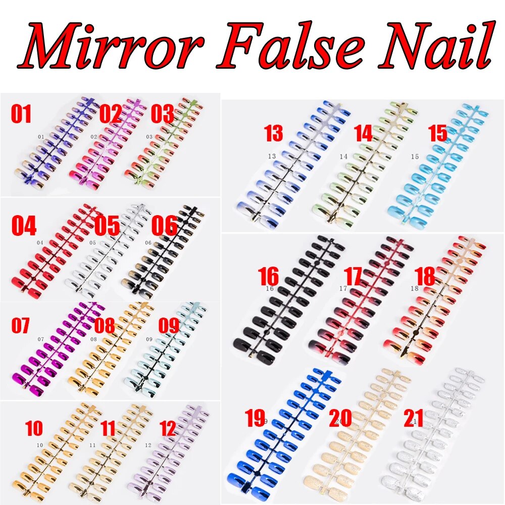 24pcs/kit Reflective Mirror Metallic Point Fake Artificial Nail Extensions