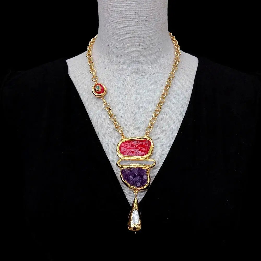 Y·YING Red Coral Amethyst Druzy White Quartz Biwa Pearl Pendant Gold Plated Necklace