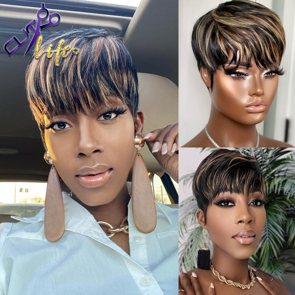 Short Pixie Cut and Mullet Wigs Full Machine Made Wig With Bangs