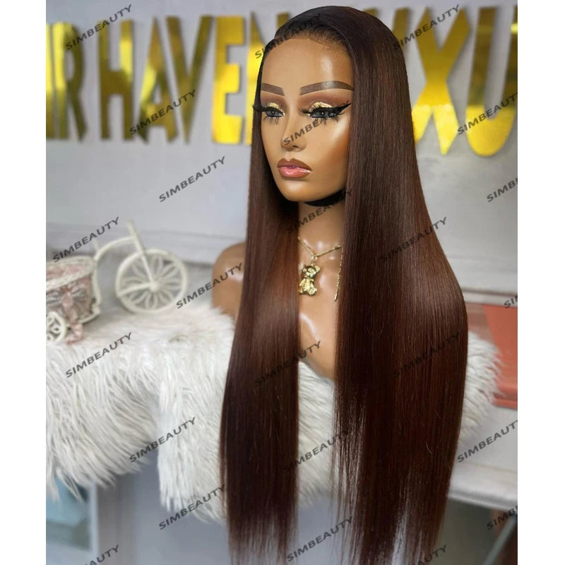 Ombre Dark Roots Silky Straight Red Copper Brown Human Hair Glue less Pre Plucked Lace Frontal Wigs