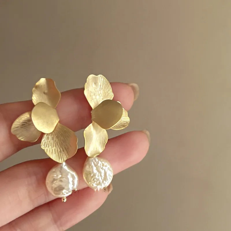Minar Statement Fashion Gold Color Flower Petal Long Drop Earrings