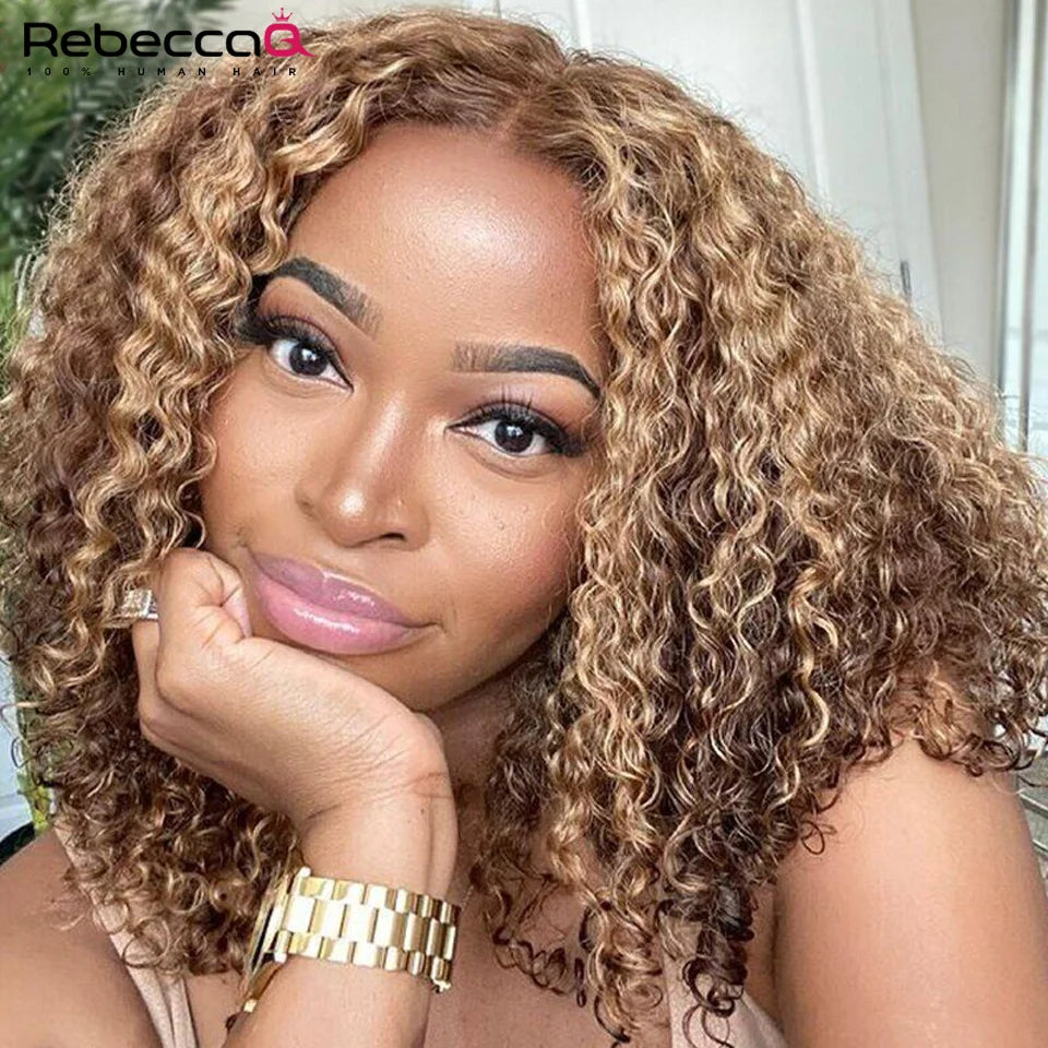 Highlight Short Curly Bob Wig 13x4x1 Lace Front Human Hair Wigs Pre Plucked P4/27 Colored