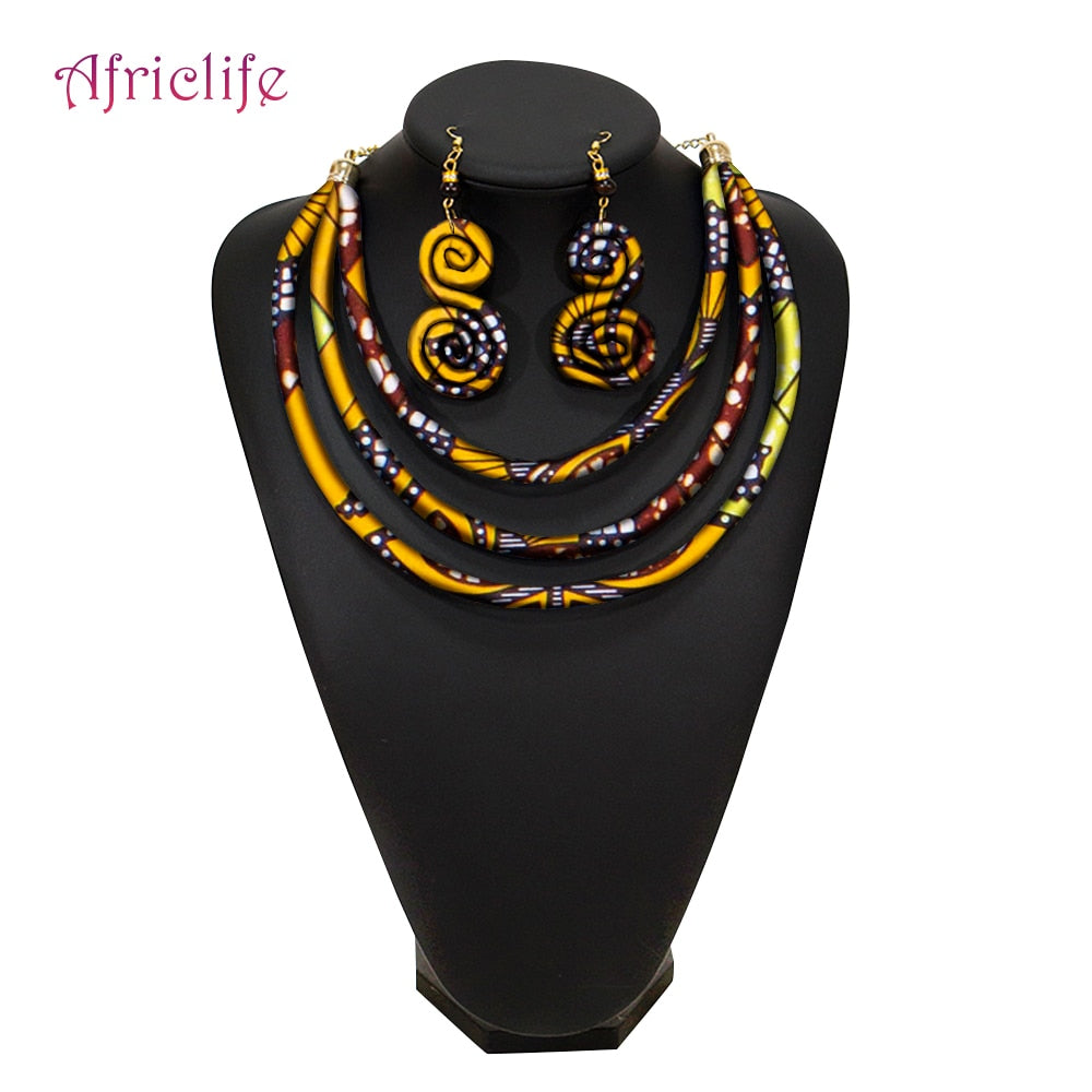 African Rope Necklace Print Wax Ankara Fabric Necklace and Earrings 2 Pieces Set
