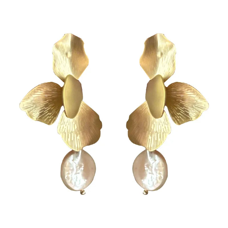 Minar Statement Fashion Gold Color Flower Petal Long Drop Earrings