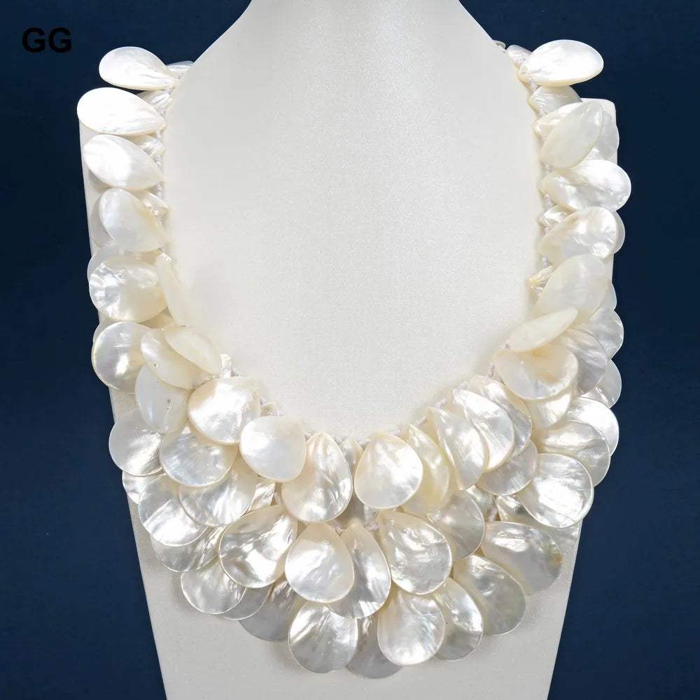 GG Jewelry 3 Strands Natural Huge 20x30MM White Shell MOP Top-drilled Mother Of Pearl Necklace