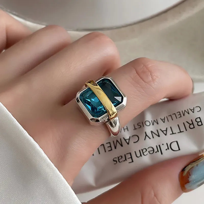 Foxanry Blue Zircons Vintage Handmade Irregular Geometric Rings