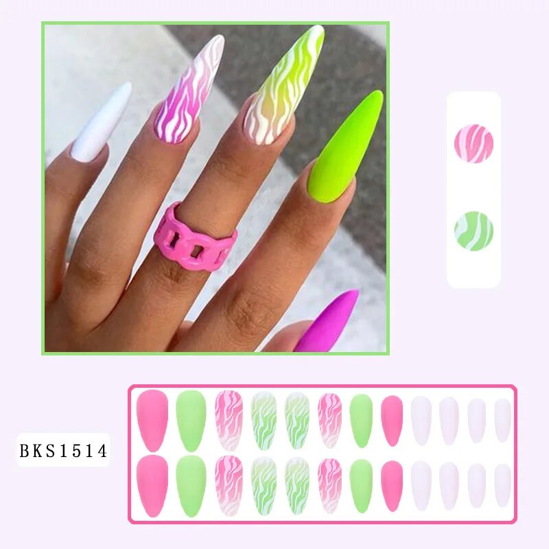 24pcs Long Almond False Nails Green Wave Leopard Print