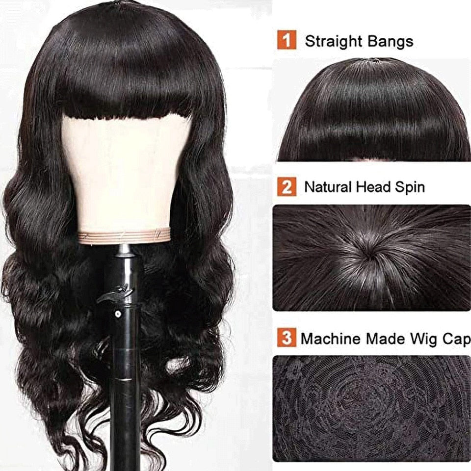 Body Wave Human Hair Wigs With Bangs with Remy Brazilian Human Hair