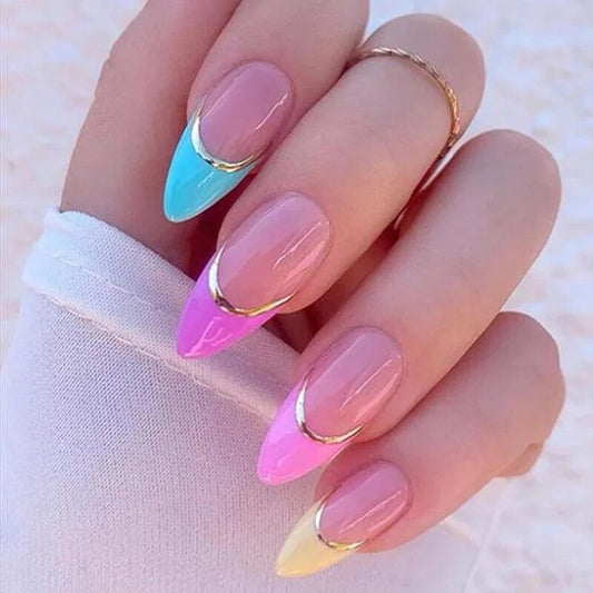24pcs Long Almond False Nails Green Wave Leopard Print