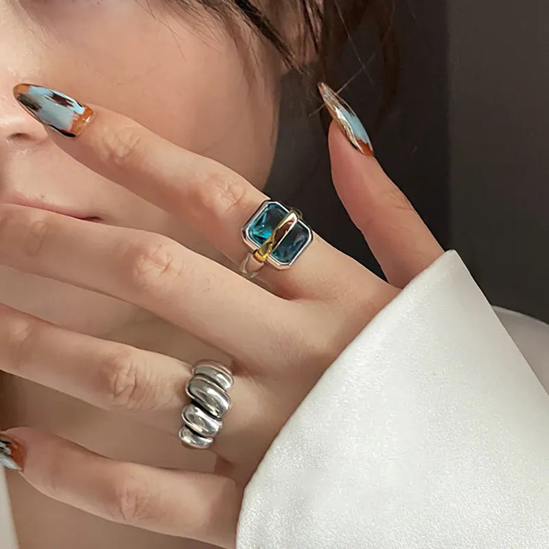 Foxanry Blue Zircons Vintage Handmade Irregular Geometric Rings