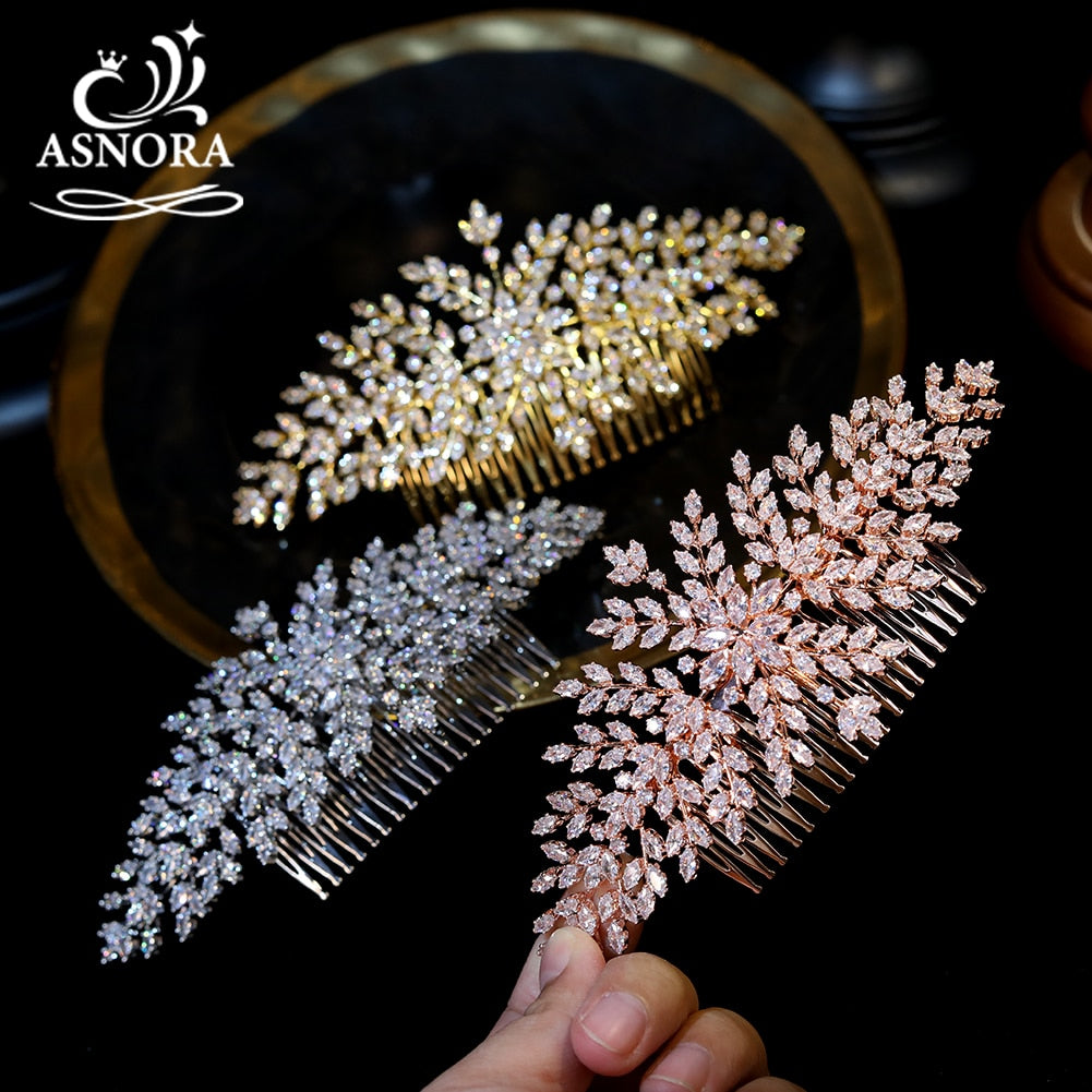 ASNORA AAA CZ Wedding Bridal Hair Comb , Metal color - Gold-color